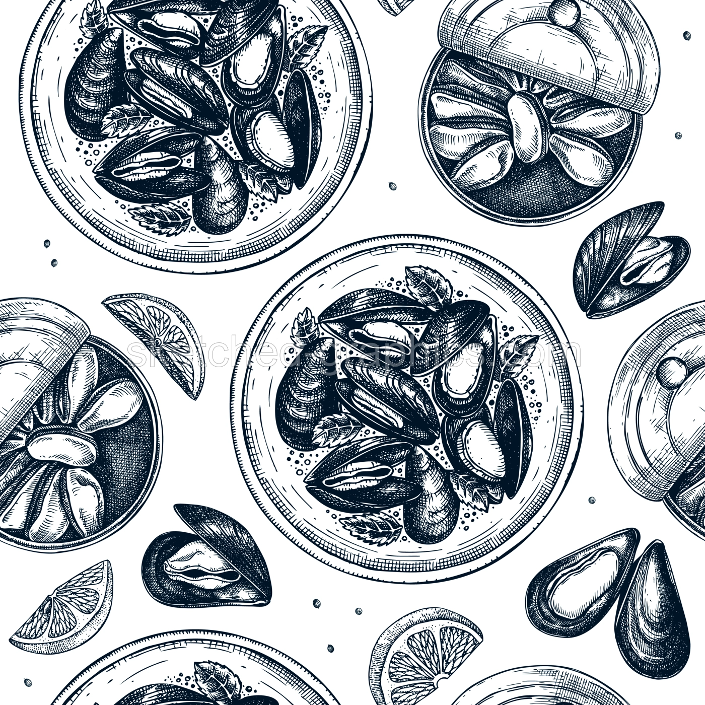 Hand drawn cooked mussels on platter with herbs seamless pattern. Vector package, banner, wrapping paper template with retro seafood elements. Realistic shellfish background with tinned mussels.. Illustration